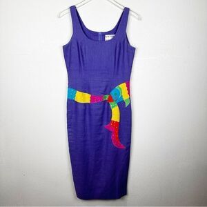 Deborah Laws Purple Linen Midi Beaded Sequin Dress Size 6 90s vintage